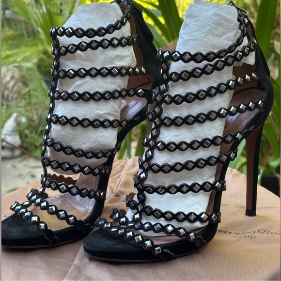 Alaia editions studded laser-cut leather & suede sandal heels bootie - Picture 4 of 6